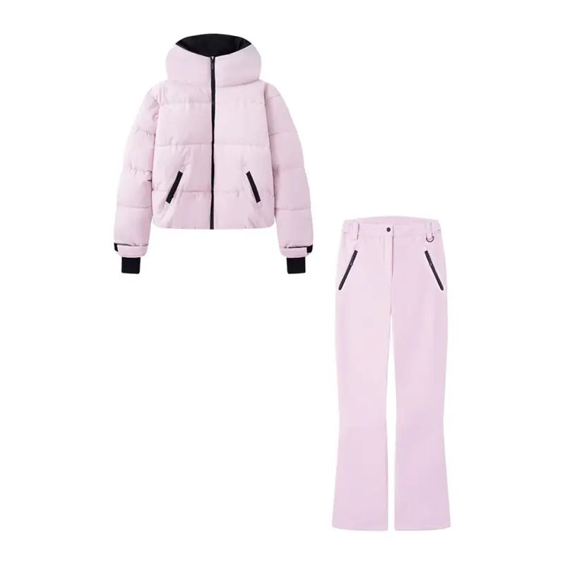 Women's Pink Ski Suit Hooded Windproof Thermal Jacket + Flared Trousers 2 Piece Set Snowboard Wear Zipper Pocket Outdoor Sports
